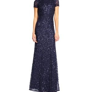 Navy sequin dress with semitrain. Worn once.